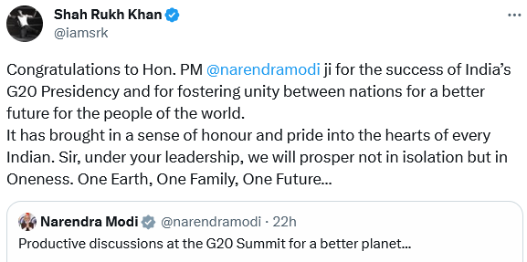 Shah Rukh Khan’s Heartfelt Congratulatory Message to Prime Minister Narendra Modi on G20 Success